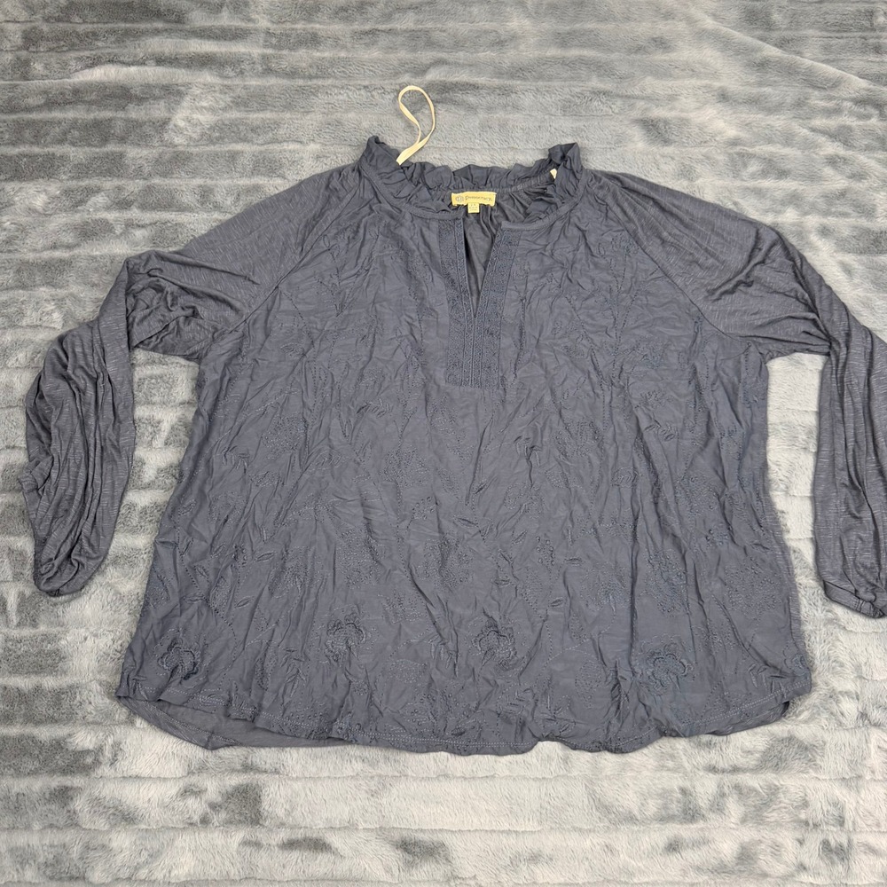 Democracy Womens 2X Charcoal Gray Floral Embroidered Peasant Blouse WMA9000TX